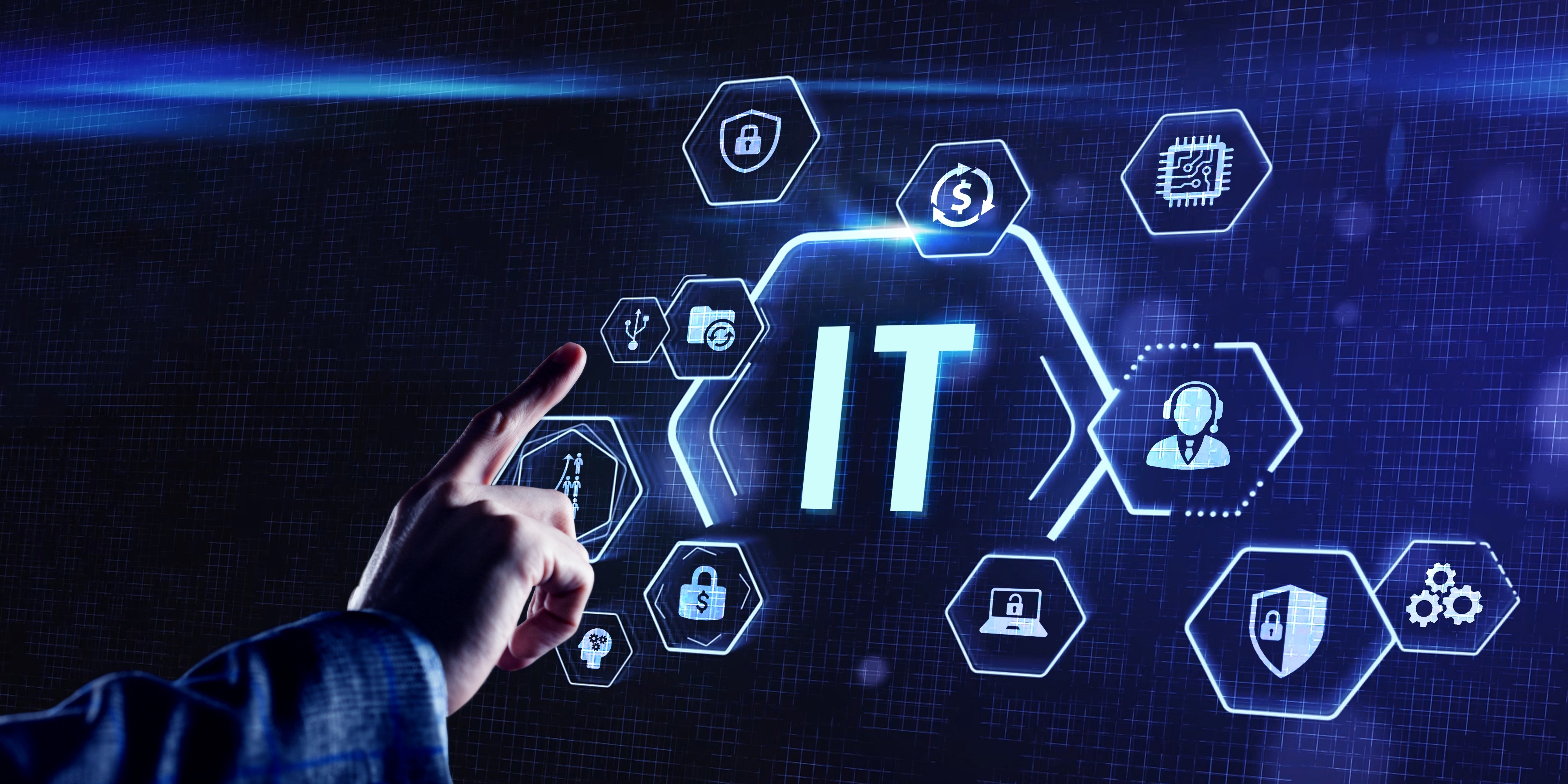 A person going to click a IT button surrounded by other IT related buttons.